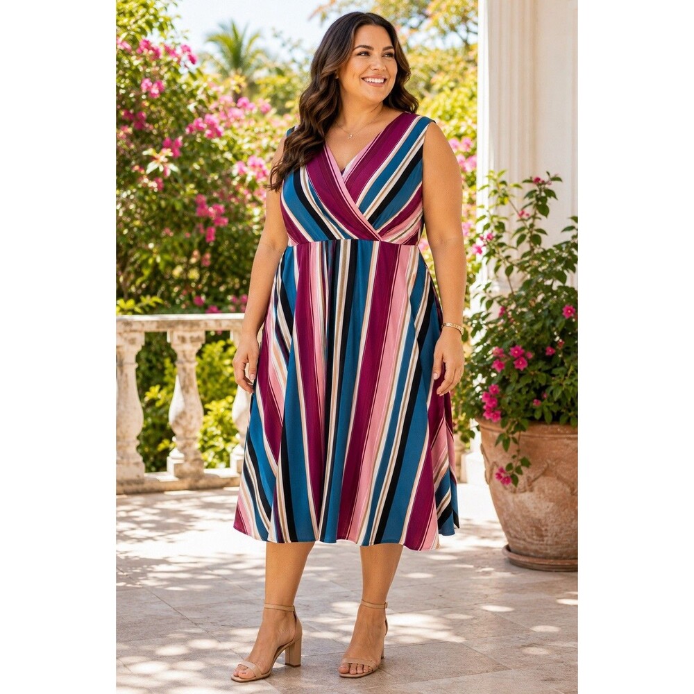 Roz & Ali Woman Size 20 Plus Striped Sleeveless Faux Wrap Fit & Flare Midi Dress